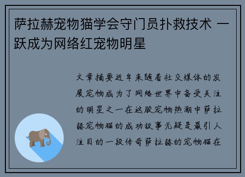 萨拉赫宠物猫学会守门员扑救技术 一跃成为网络红宠物明星 萨拉赫宠物猫学会守门员扑救技术 一跃成为网络红宠物明星