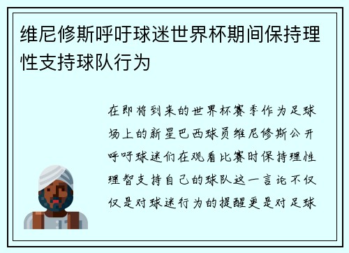 维尼修斯呼吁球迷世界杯期间保持理性支持球队行为