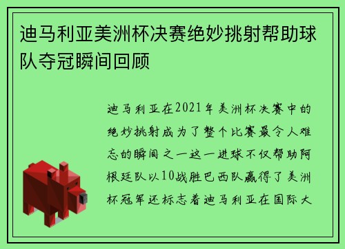迪马利亚美洲杯决赛绝妙挑射帮助球队夺冠瞬间回顾