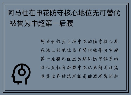 阿马杜在申花防守核心地位无可替代 被誉为中超第一后腰