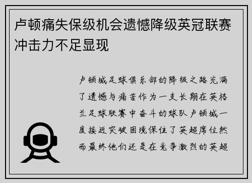 卢顿痛失保级机会遗憾降级英冠联赛冲击力不足显现 卢顿痛失保级机会遗憾降级英冠联赛冲击力不足显现
